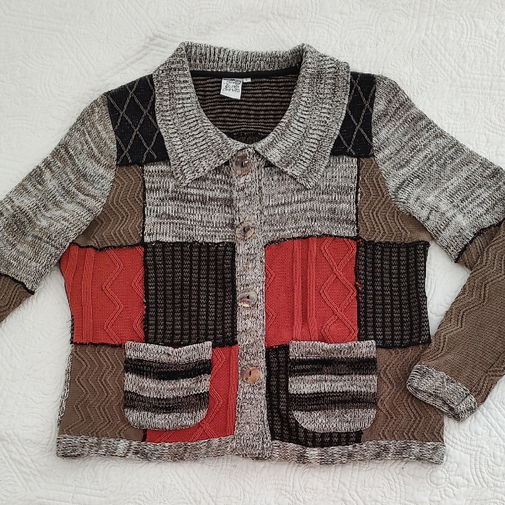 Parsley & Sage Patchwork Cardigan Cotton Sweater Boho Artsy /Size L